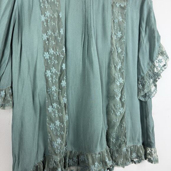 World Market Peasant Top S/M Green Blouse Lace Pleated Chiffon Ruffled Bohemian - Picture 4 of 8